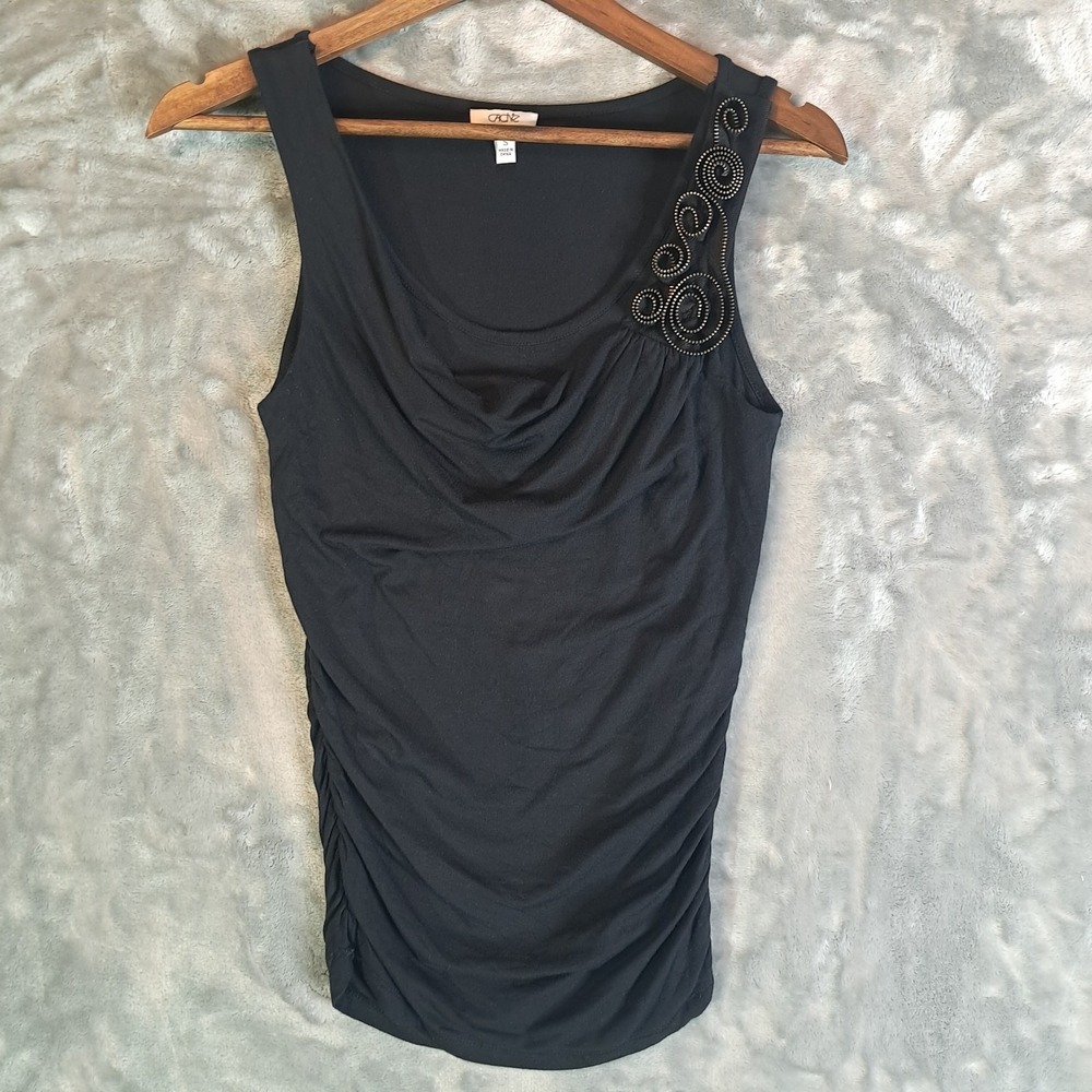 CACHE Women's Small Embellished Tank Top Black Zipper Floral Ruched Sides Y2K